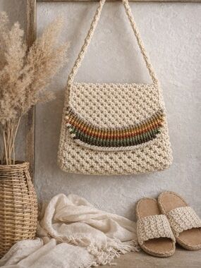 Handmade Cream Crochet Shoulder Bag with Multicolor Stripe Accent